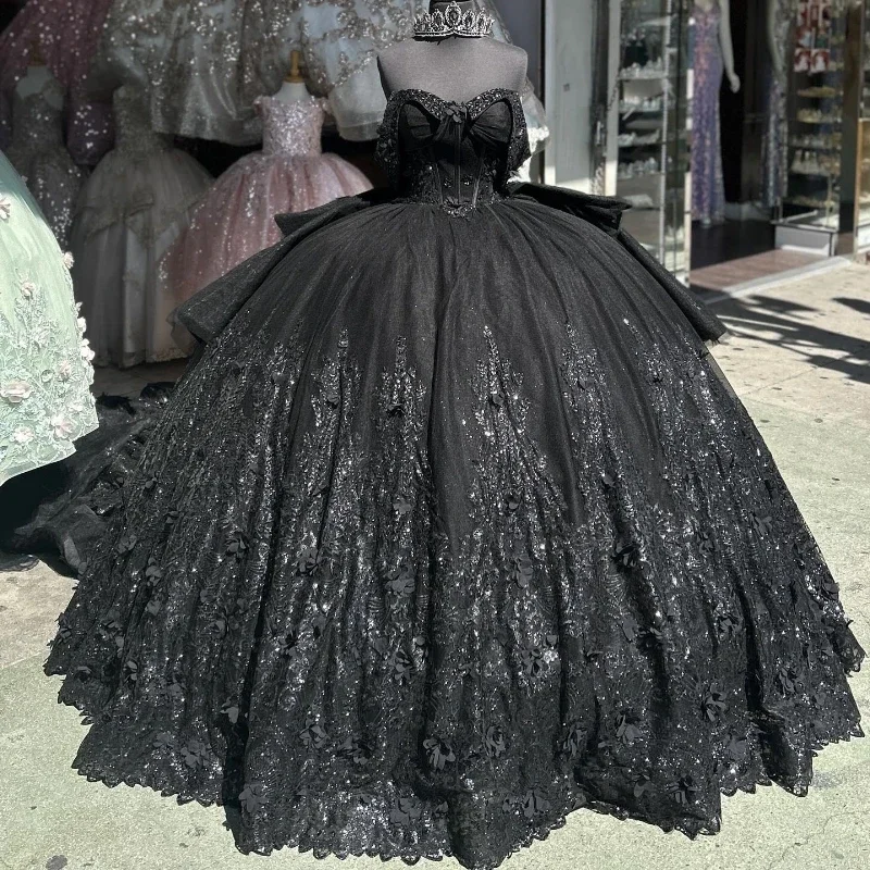 ANGELSBRIDEP Mexican Black Quinceanera Dresses Vestido De 15 Años Bead Crystal Lace Appliques Sweet 16 Dress Princess Customized