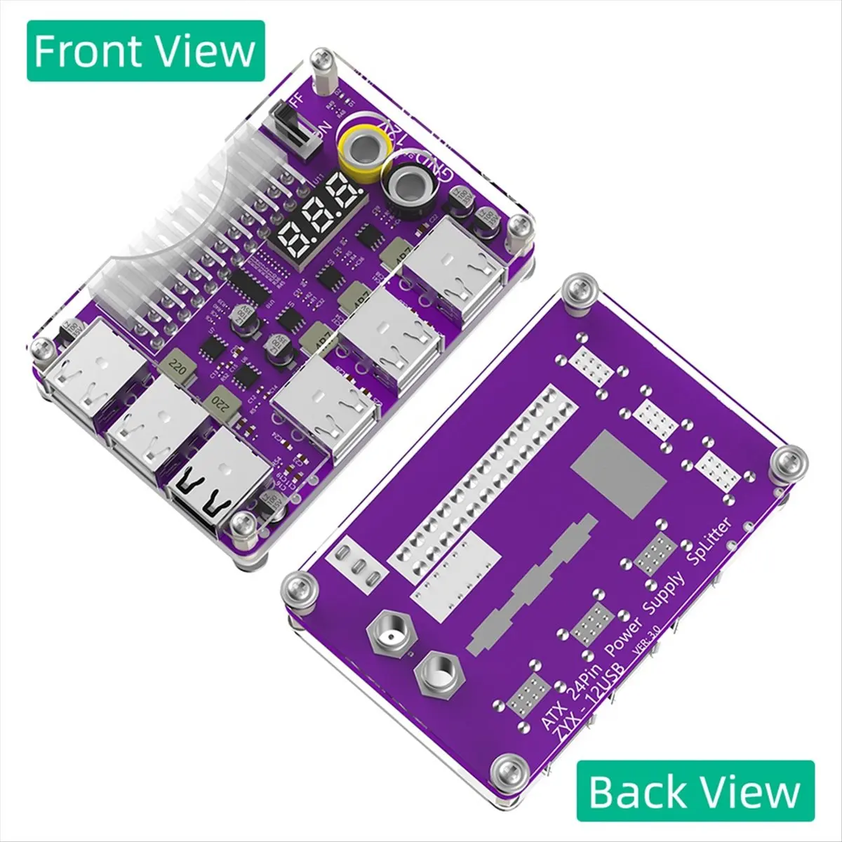 A64I ATX 24Pin Power Supply Breakout Board Power Module Adapter with 12 Port USB 2.0 and QC 2.0/ 3.0 and 12V Output