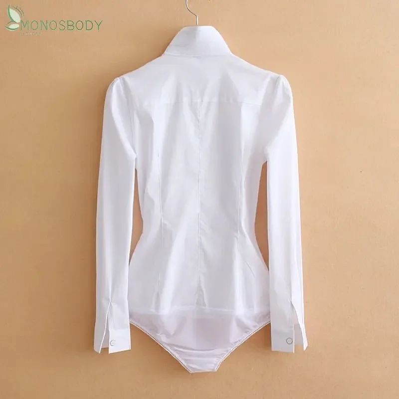 2024 Elegant Double Collar Long Sleeve Shirring Design Women Bodysuits Business Work White Shirts Office Blouses Work Rompers