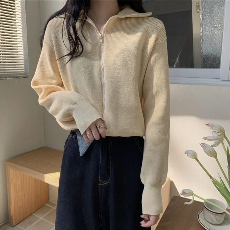 Korean Fashion Zipper Up Knitting Cardigan Women Autumn Long Sleeve Turtleneck Sweater Woman Solid Color Cropped Cardigans Mujer