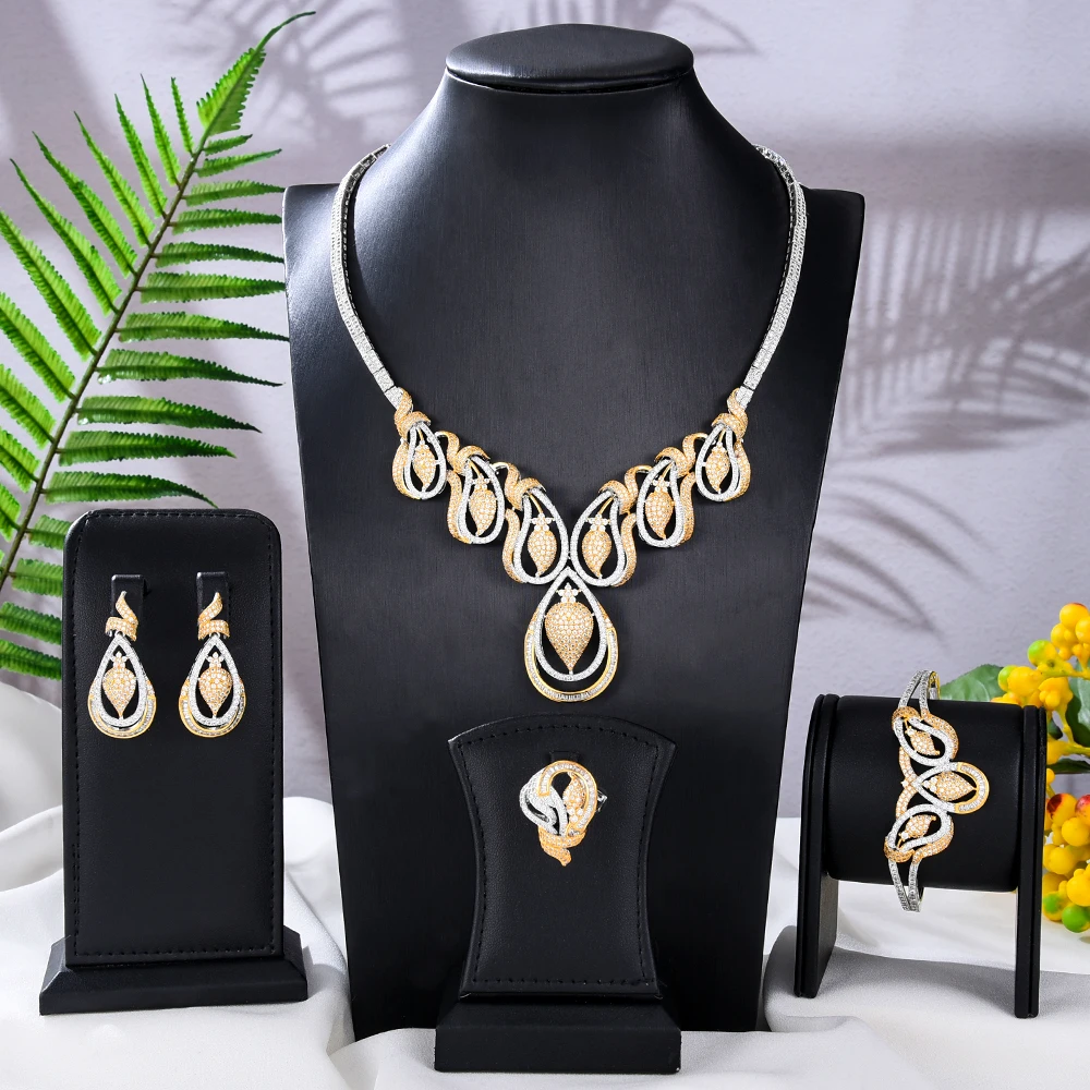 GODKI Fashion Hollow Flowers 4PCS Nigerian Jewelry Set For Women Wedding Party Zircon CZ Indian African Bridal Jewelry Set 2020