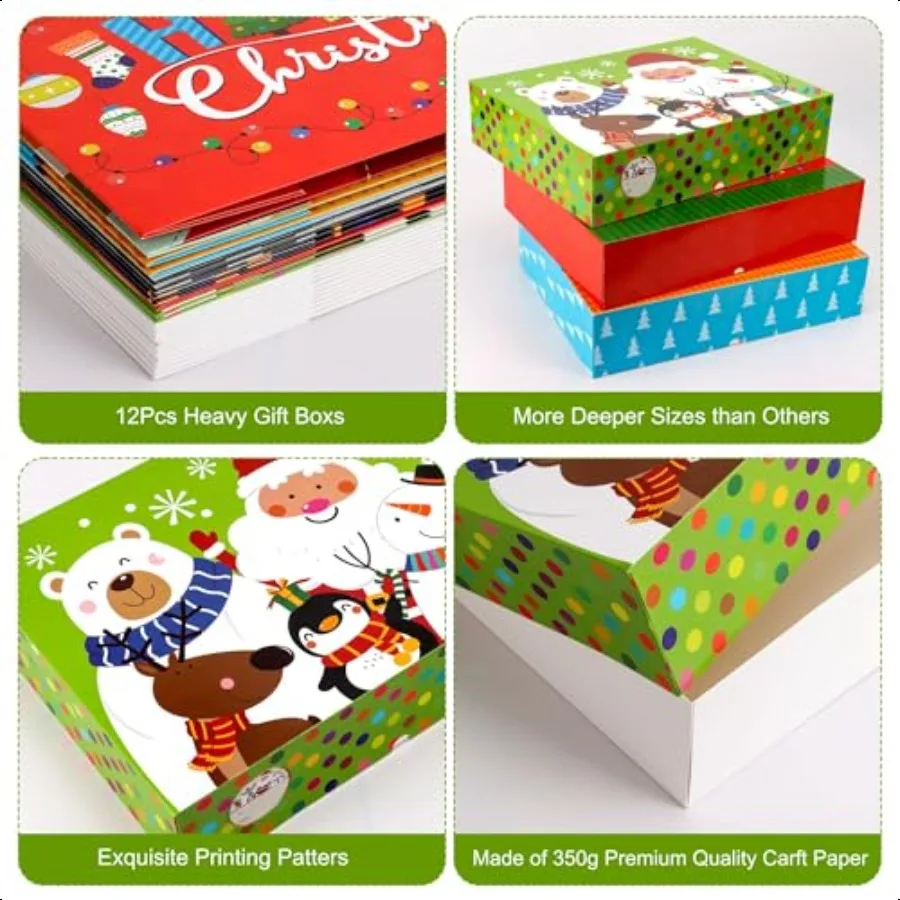 12Pcs Extra Large Christmas Gift Boxes Bulk with Lids4inch Deep Christmas Robes Boxes with Tissuer Paper and Stickers Decorativ