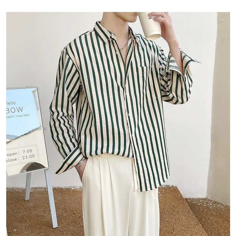 High-end Thin Striped Shirt Loose Spring and Summer Drape Korean Style Casual Contrasting Color Long-sleeved Men's Shirt Trendy