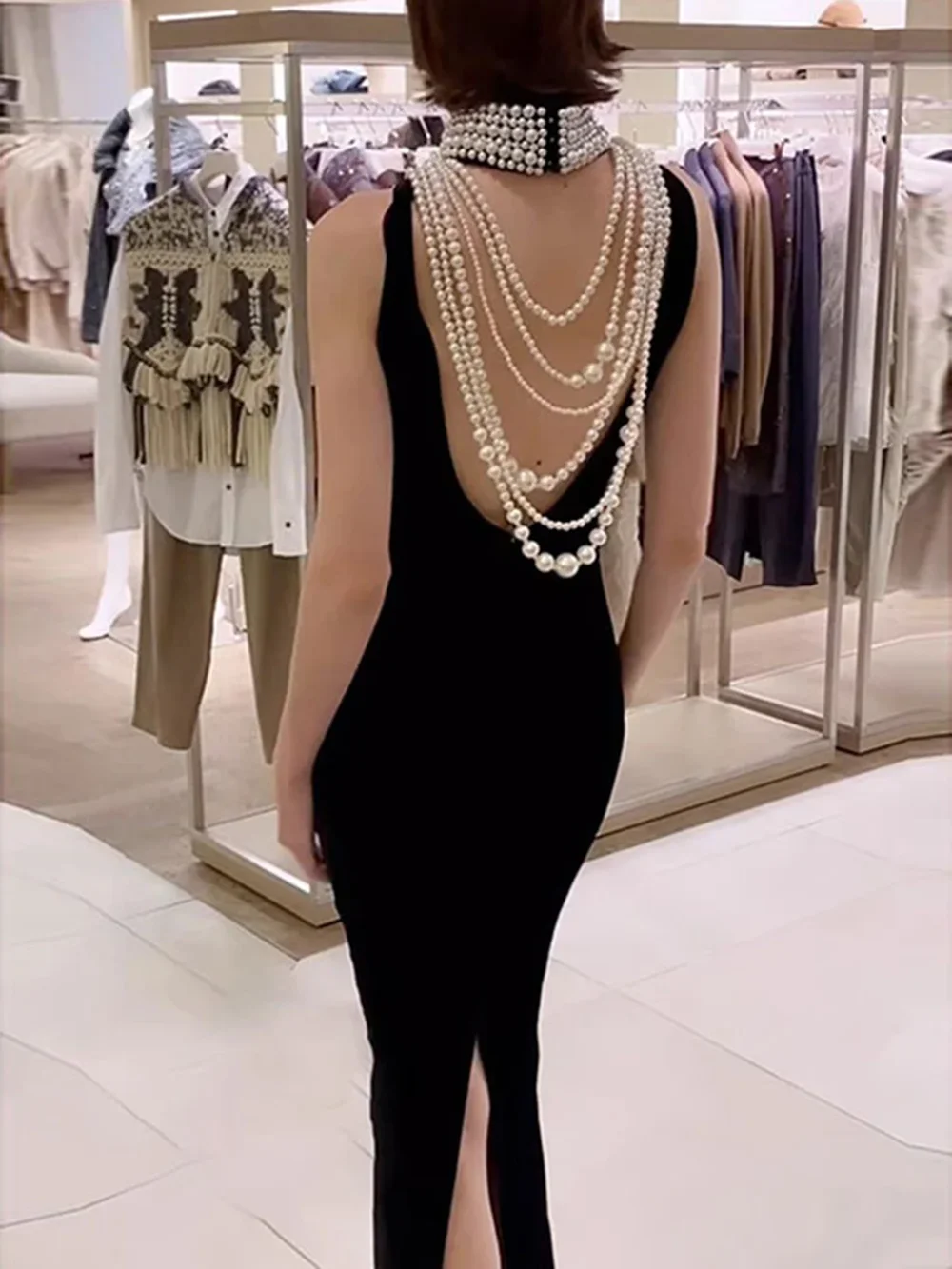 

Modphy Sexy Pearl Chain Turtleneck Tight Velvet Long Dress Women Sleeveless Blackless Beaded Maxi Dresses Evening Party Gowns