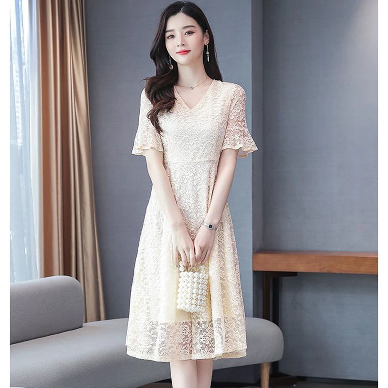 Elegant V-Neck Spliced Solid Color Flare Sleeve Prom Dress Women's Clothing 2024 Summer New Loose Office Lady Lace Dresses