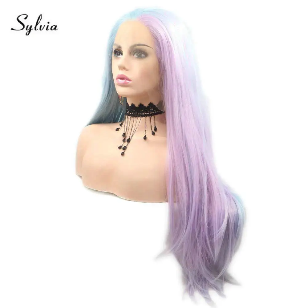 Sylvia Synthetic Lace Front Wigs for Women Long Straight Half Blue Half Lavender Lace Front Wig Natural Looking Middle Part Hair