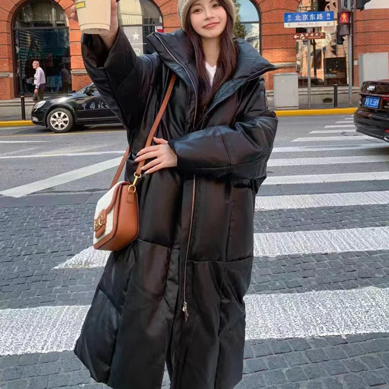 Leather Cotton Jacket Women Parkas Quilted Jacket Winter Warm Long Coat Stand Collar Korean Windproof Windbreaker Outerwear