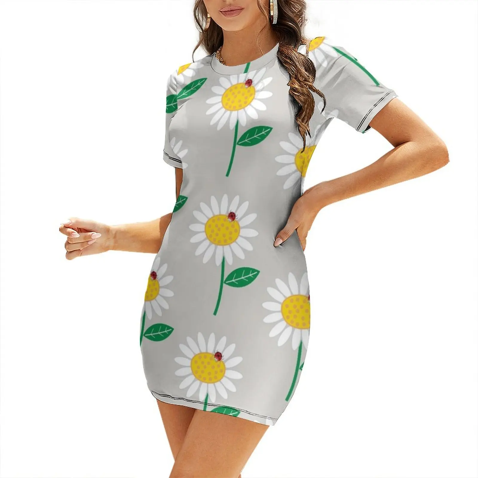 

Whimsical Summer White Daisy and Red Ladybug  fatfatin Short Sleeved Dress dress summer dresses