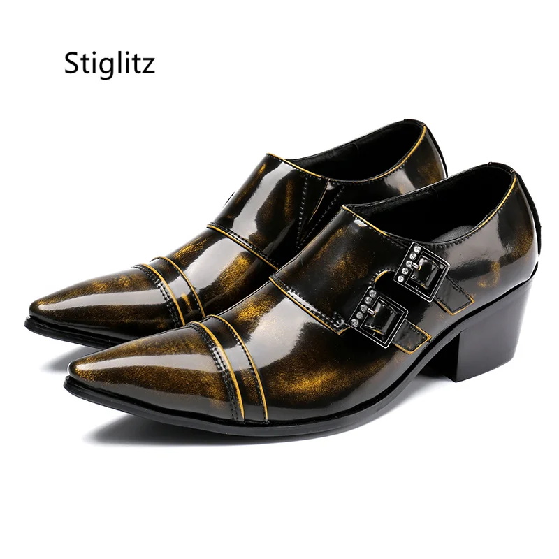 

Metal Buckle Leather Shoes for Men Pointed Toe British Style Casual Patent Leather Men's Shoes High Heels Nightclub Party Shoe