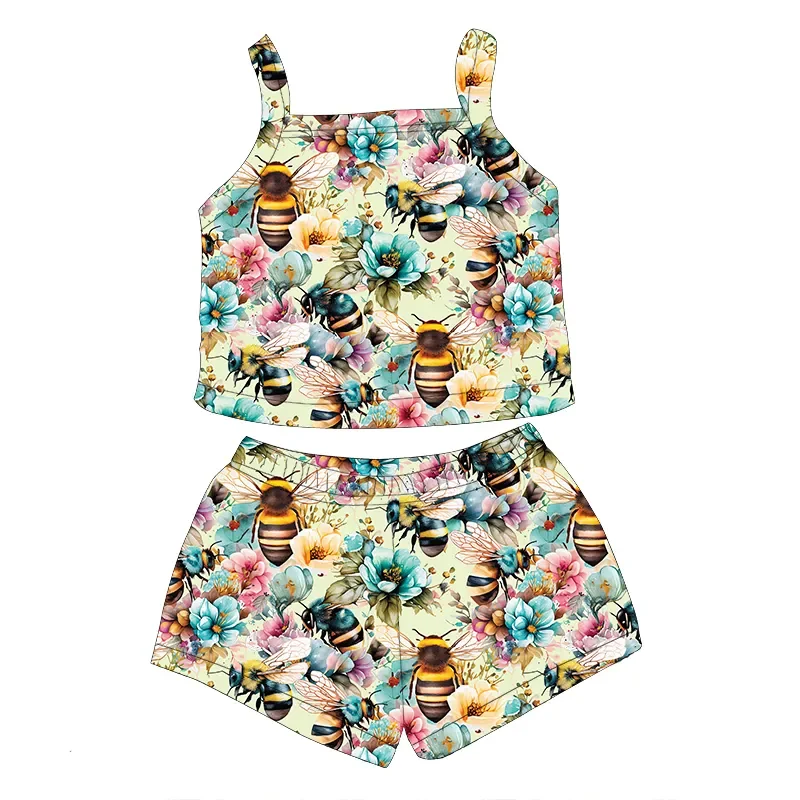 

Summer Wholesale Summer Crop Tops With Shorts Baby Girls Two-Piece Sets Western Cowgirl Style Print Little Girls One Sleeve Outf
