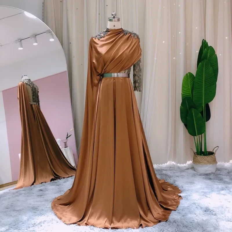 

Luxury Arabic Orange Brown Long Sleeve Evening Dress with Cape Dubai Beaded Elegant Women Wedding Party Gowns
