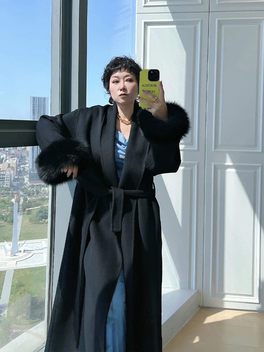 

Женское двустороннее шерстяное пальто Hebe Sle больших размеров с мехом, свободного кроя, в корейском стиле, с длинными рукавами, для полных женщин