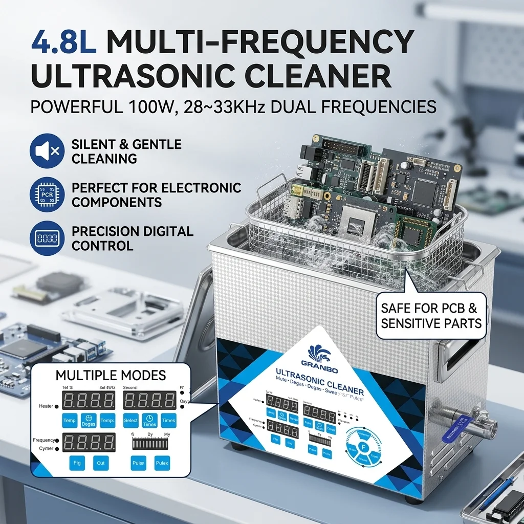 Granbo 4.8L Ultrasonic Cleaner 100W Adjustable Frequency 28/33/40KHz Degas Pulse Sweep Digital Cleaning Machine