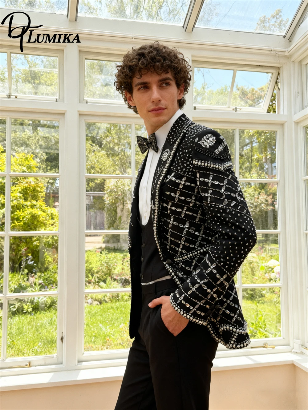 DTLumika Luxury Suit Set for Men, XS-3XL One Button Jacket & Black Pants, Formal Party Prom Dresswear for Men Wedding Suit