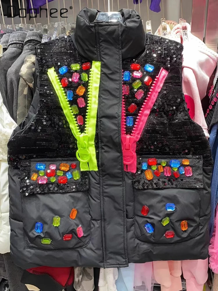 

Tide Brand Zipper Decorative Vest Padded Jacket Winter 2024 New Heavy Industry Colored Diamond Clip Cotton Vest Women