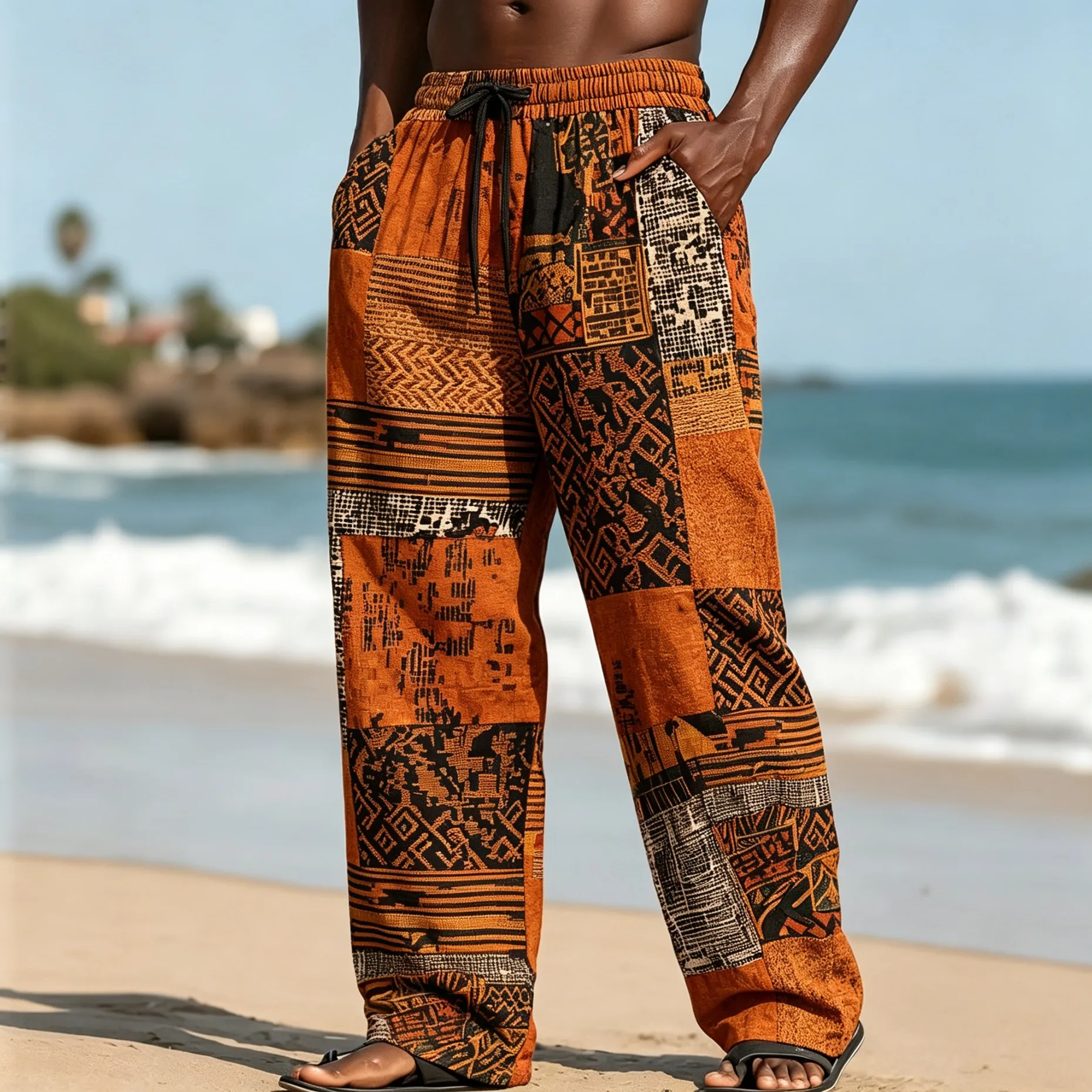 

Men's Ethnic Tribal Patchwork Print Drawstring Wide Leg Pants, Casual Loose Trousers for Spring Summer Beach & Daily Wear