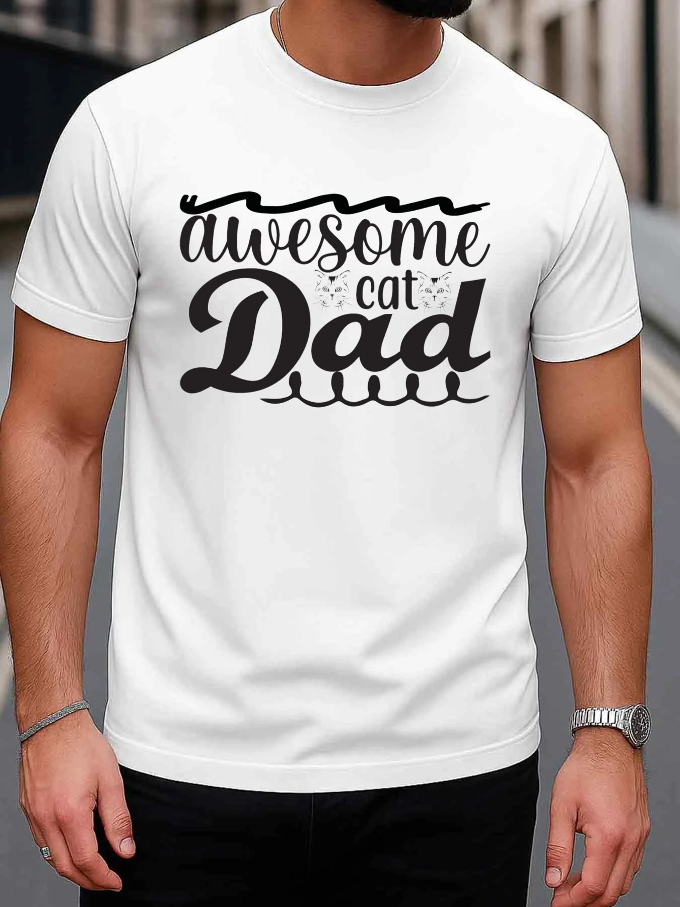 Men'S Funny For Cat Dad T-Shirt | 180g Vintage Humor Tee With Kitten And Paws Print, Casual Short Sleeve Round Neck Shirt For Ca