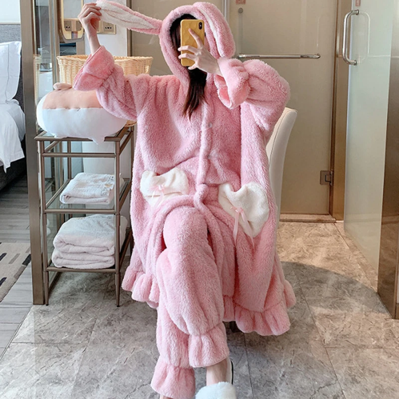 Sweet Cute Long Ear Hooded Robe With Pants Suit Women\'s Winter Flannel Pyjamas Two-piece Set Nightgown Set Warm Nightdress Set