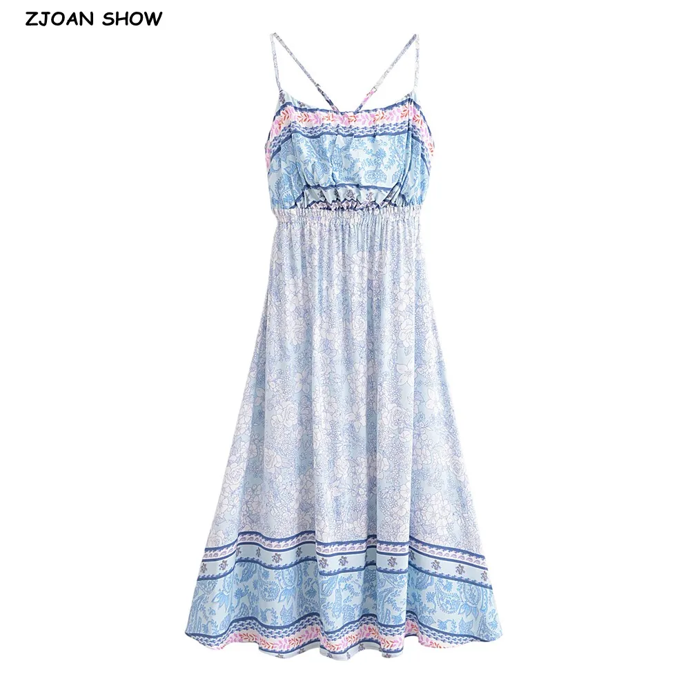 2024 BOHO Contrast Color Blue White Floral Print Backless Sling Dress Holiday Woman Cross Strap Back Robe Beach Vestidos Holiday