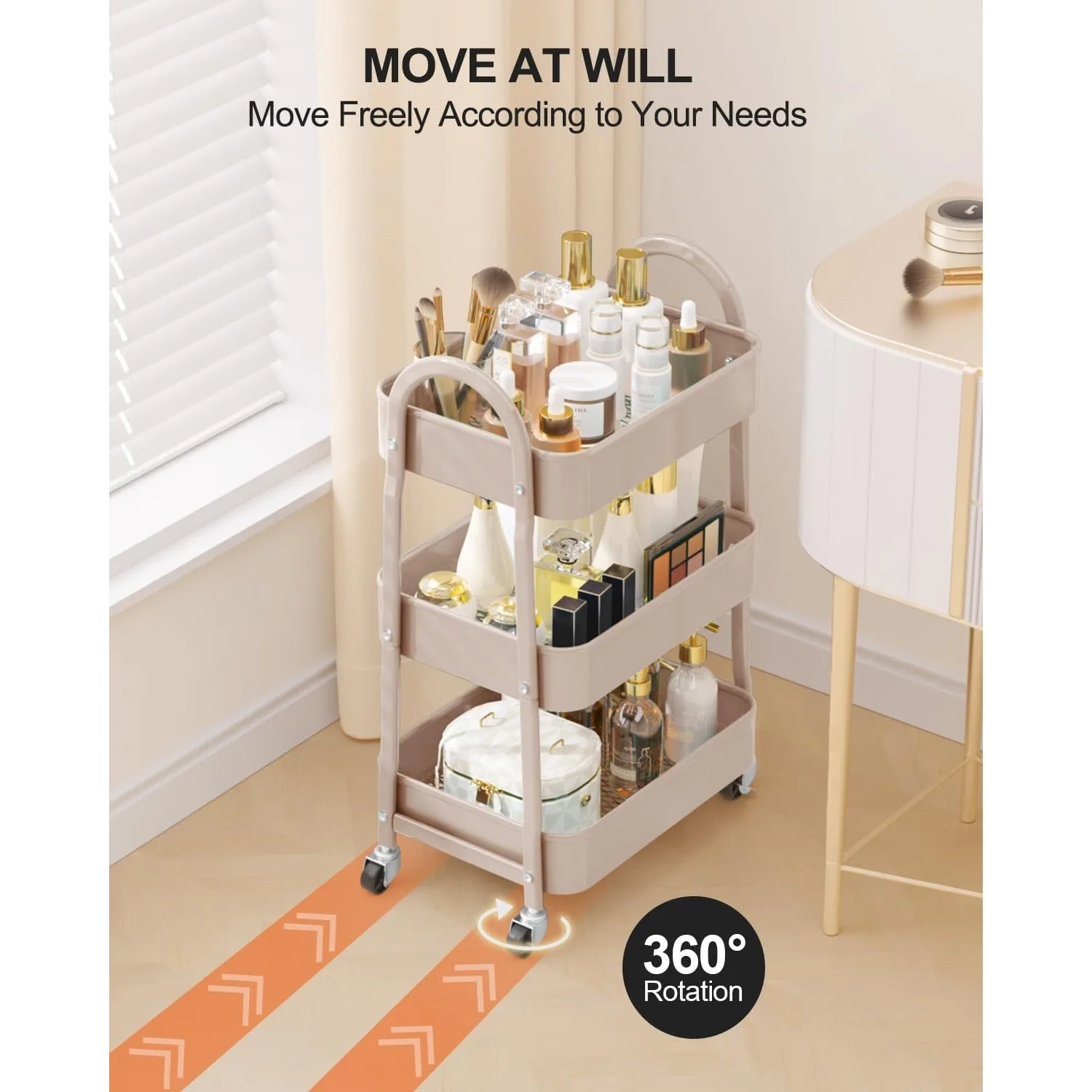 Carrello portaoggetti multifunzionale con cestini in rete per cucina, soggiorno, ufficio, garage (beige)