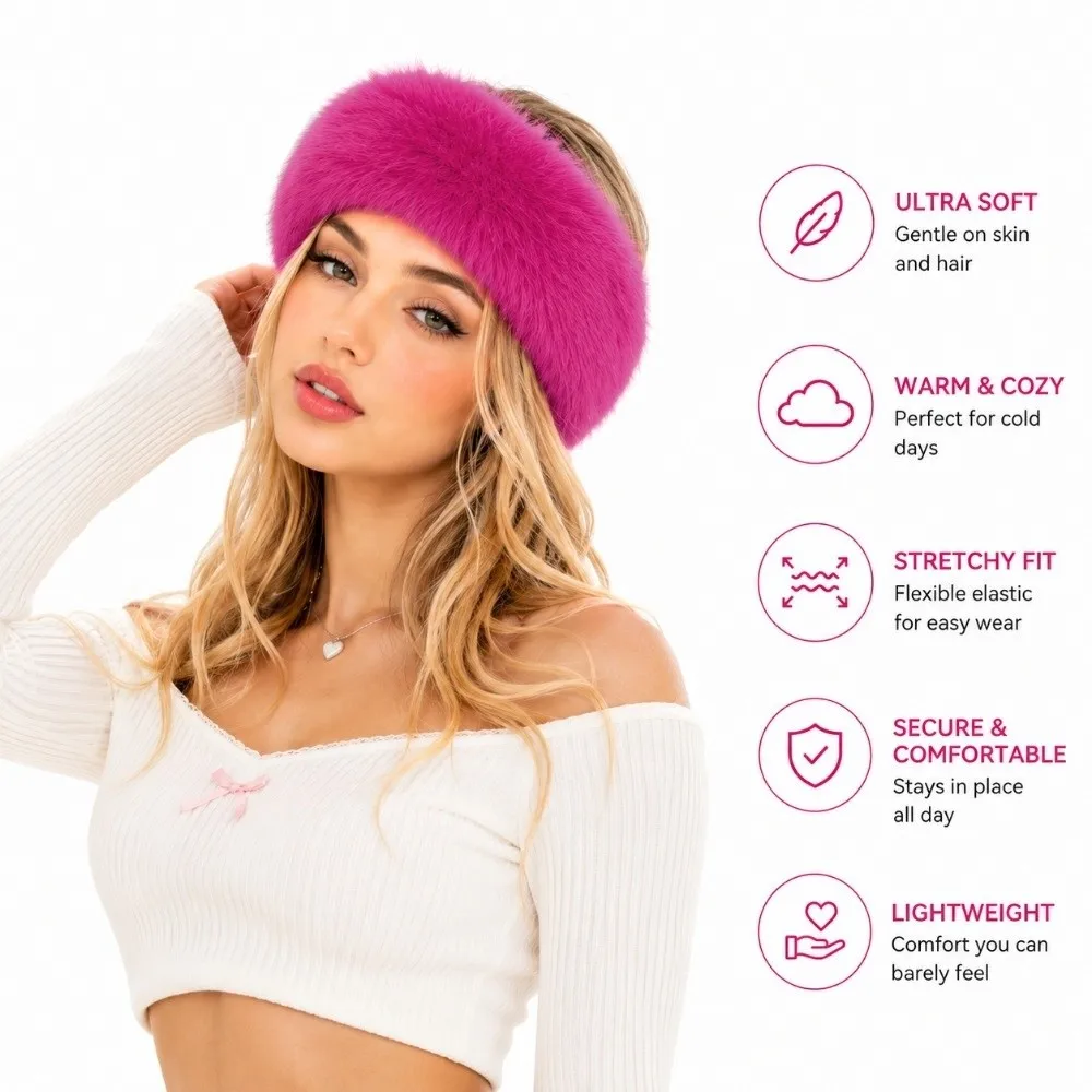 Fashion Imitation Fur Imitation Fur Hat Fluffy Ear Flaps Winter Elastic Headband Wide Edge Solid Color Ear Protection Hat Hiking