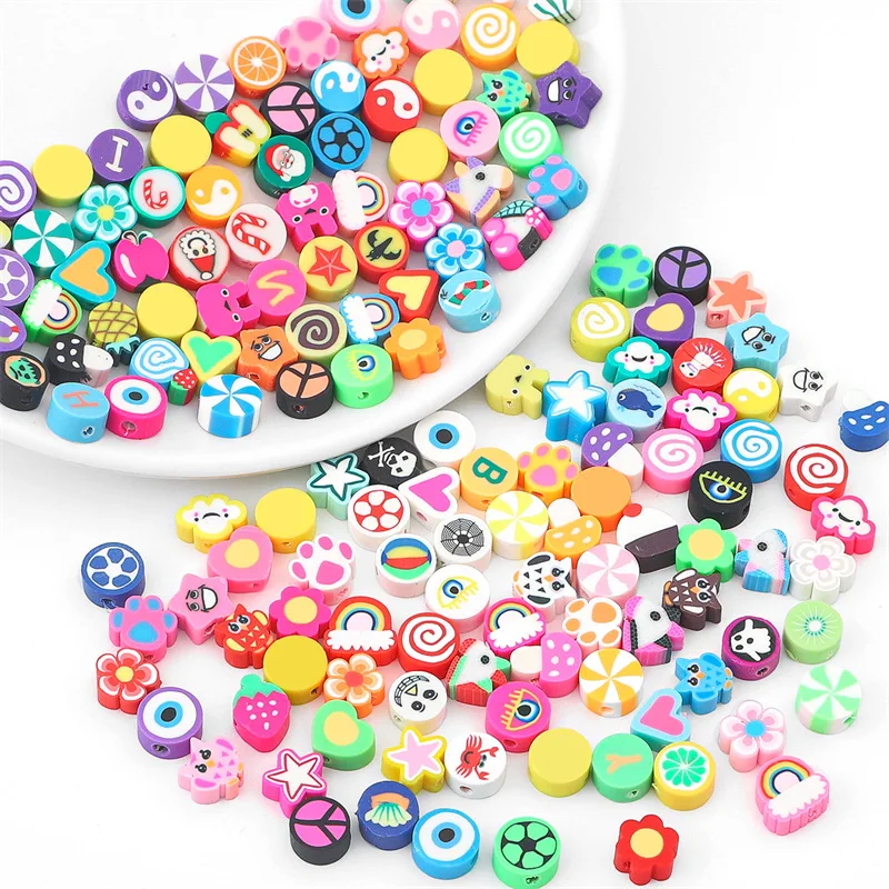 100Pcs Random Style Polymer Clay Beads Stars Fruit Flowers Heart Loose Spacer Beads for Women DIY Jewelry Making