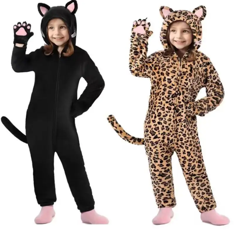 Cross-Border New Girls Halloween Costume  Suit Stage Black  Animal Onesie Children Performance Clothes Soft Velvet Mate...