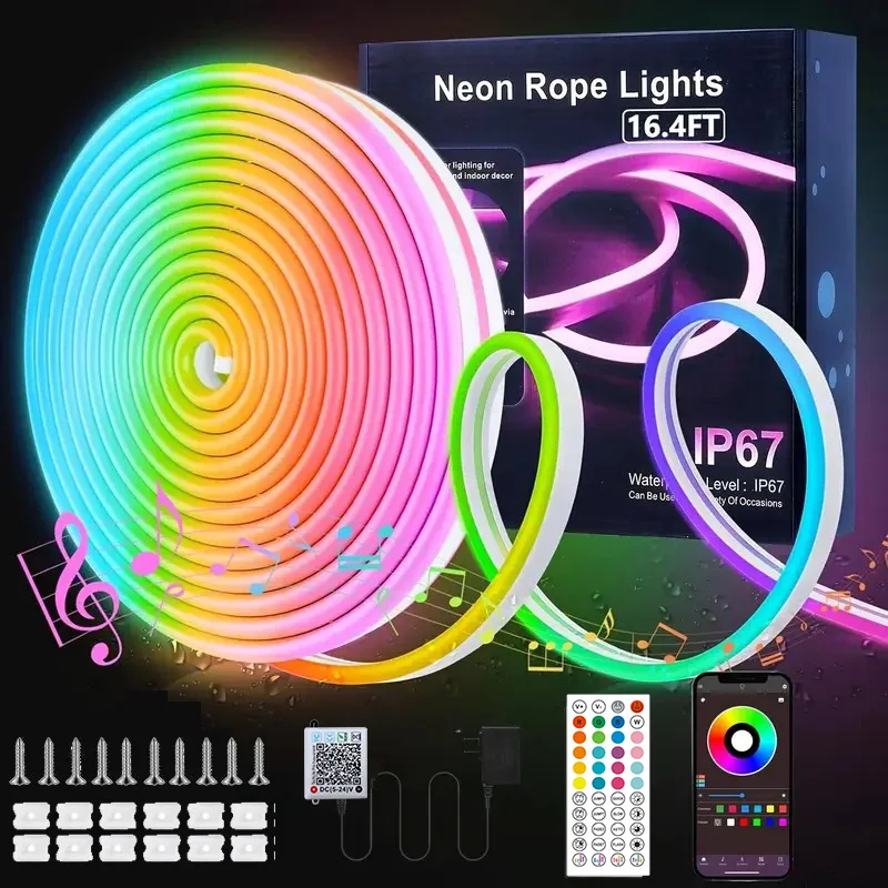 

24V RGB Neon Strip Lights 30m LED Neon Rope Light Remote APP Control IP65 Waterproof Flexible Neon LED Lights for Outdoors Decor