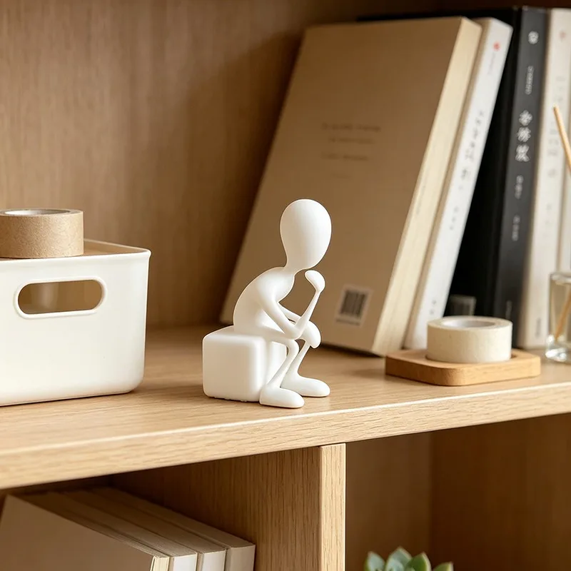 Cube Base Thinker 3D Print Figurine White Abstract Human Sculpture Nordic Bookshelf Bedroom Office Aesthetic Statue Decoration
