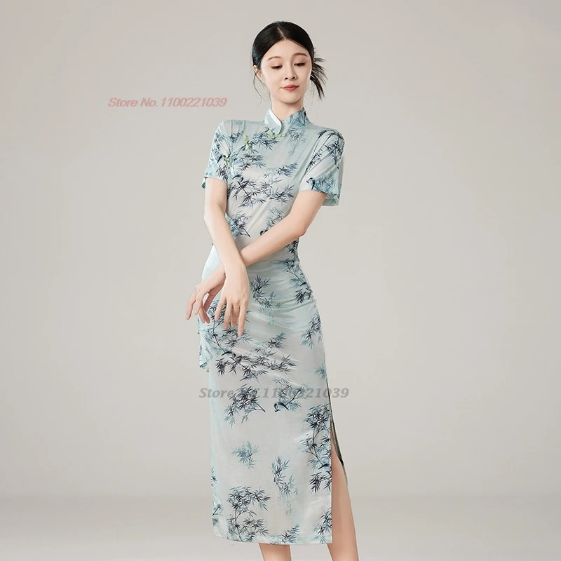 2025 abito popolare di danza vintage cinese tradizionale stampa di bambù elastico qipao cheongsam allenamento esercizio prestazioni abito popolare