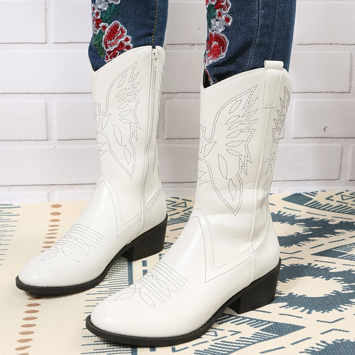 Women's Chunky Heel Western Mid Calf Boots V-cut Embroidered Cowgirl Shoes Low Heel Round Toe Shoes