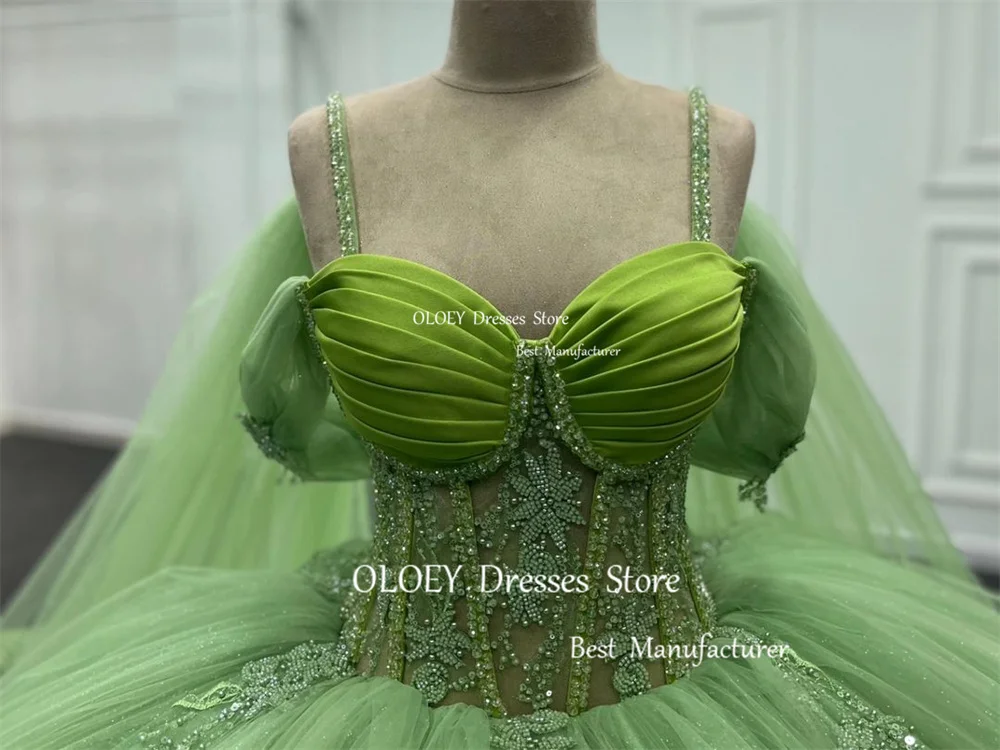 OLOEY Glitter Beads Green Quinceanera Dress Off Shoulder Wedding Dress Mexico 15 18 Ball Gown Spaghetti Strap Custom Court Train