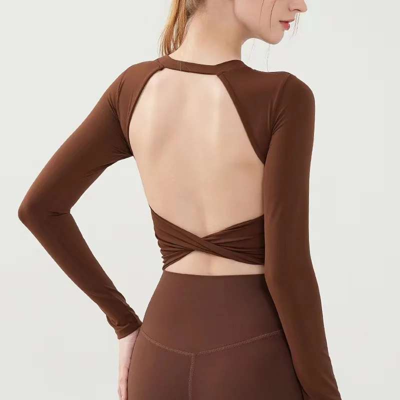 Modische Sport-Oberteile für Pilates und Laufen mit Brustpolster, Fitness-Langarmshirt, Enganliegend, Schnelltrocknend, Yoga-Oberteil, Outdoor-Bekleidung – Detail 7