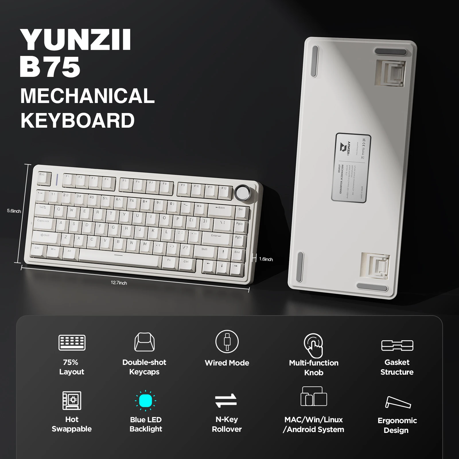 YUNZII B75 White 75% 80-Key Wired Gasket Hot Swappable Knob with Translucent Keycaps, Single Blue LED Backlight for Multi-system