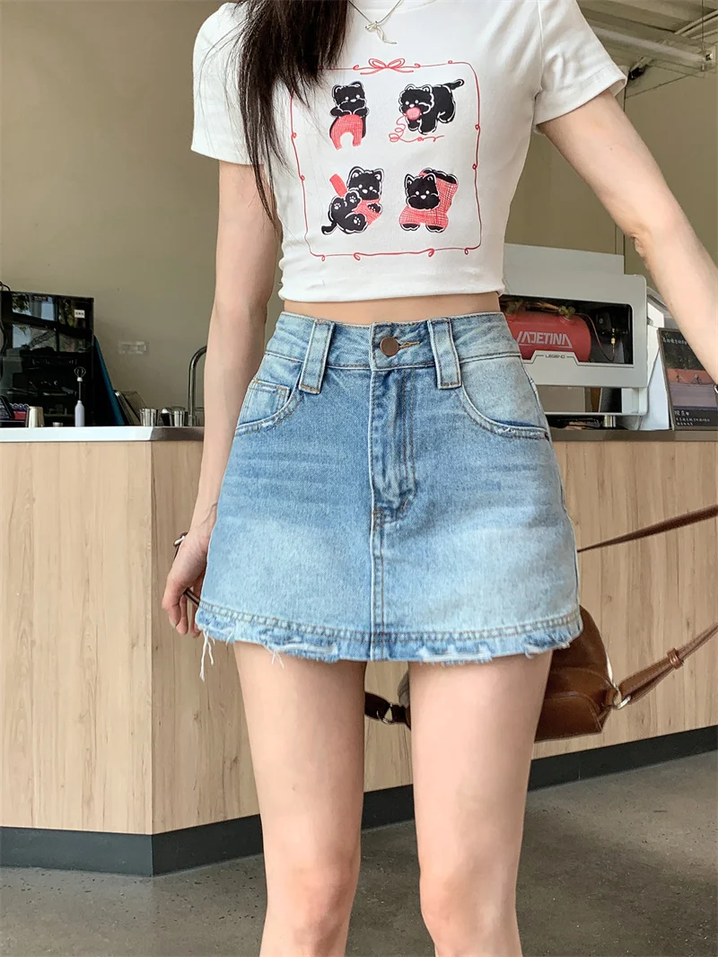 

2025 Dongdaemun Hot Item - Y2K Destroyed Denim Skirt Women High Waist Stretchy A-Line Short Skirt