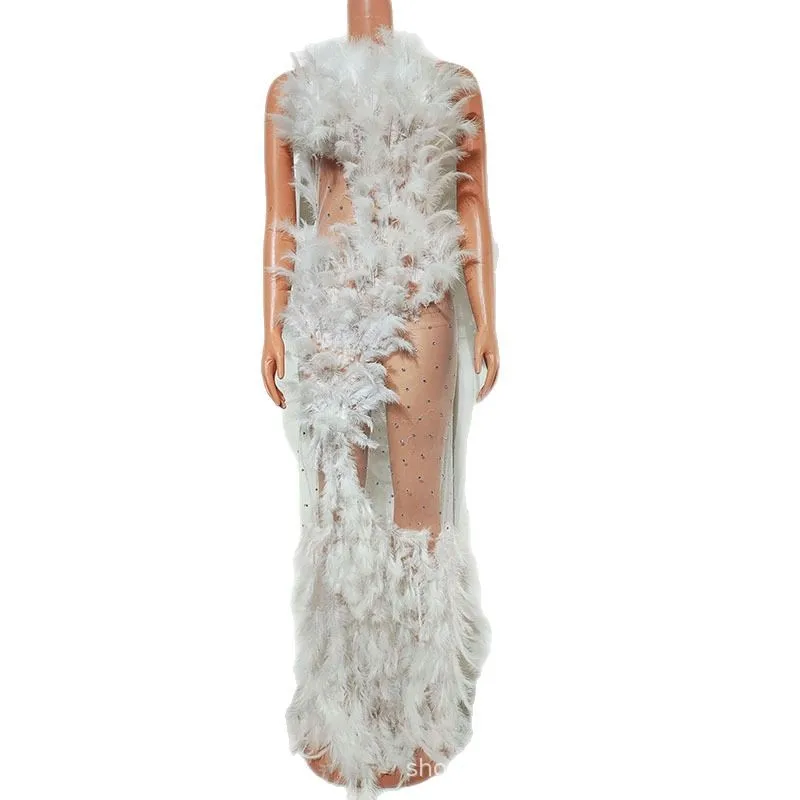 

Сексуальное прозрачное платье из белой сетки с перьями, одежда для выступлений в ночном клубе, певица, деловая модная одежда для пения, вечерние платья