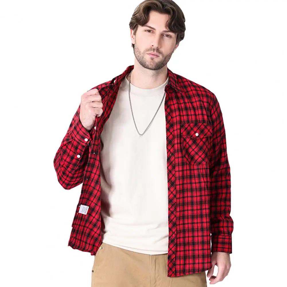 Button Closure Shirt for Men Long Sleeve Men Shirt Stylish Men's Plaid Flannel Shirt for Spring Autumn Loose Fit Top with Lapel