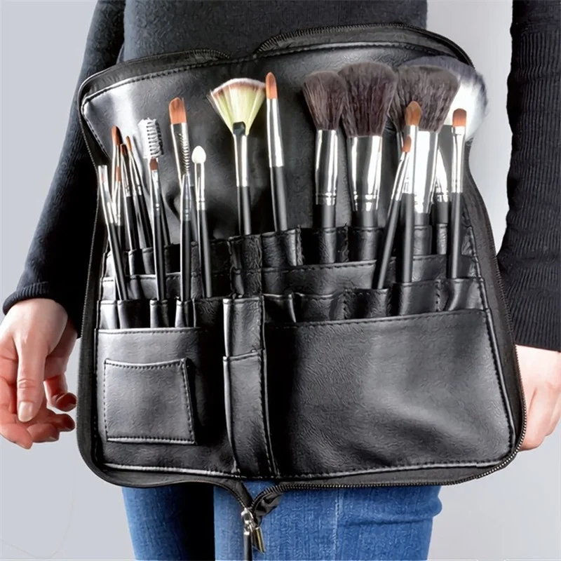 Multi-function Large Capacity Black PU Cosmetic Bag Waist Bag Makeup Brush Bag with Belt for Professional Makeup Artist