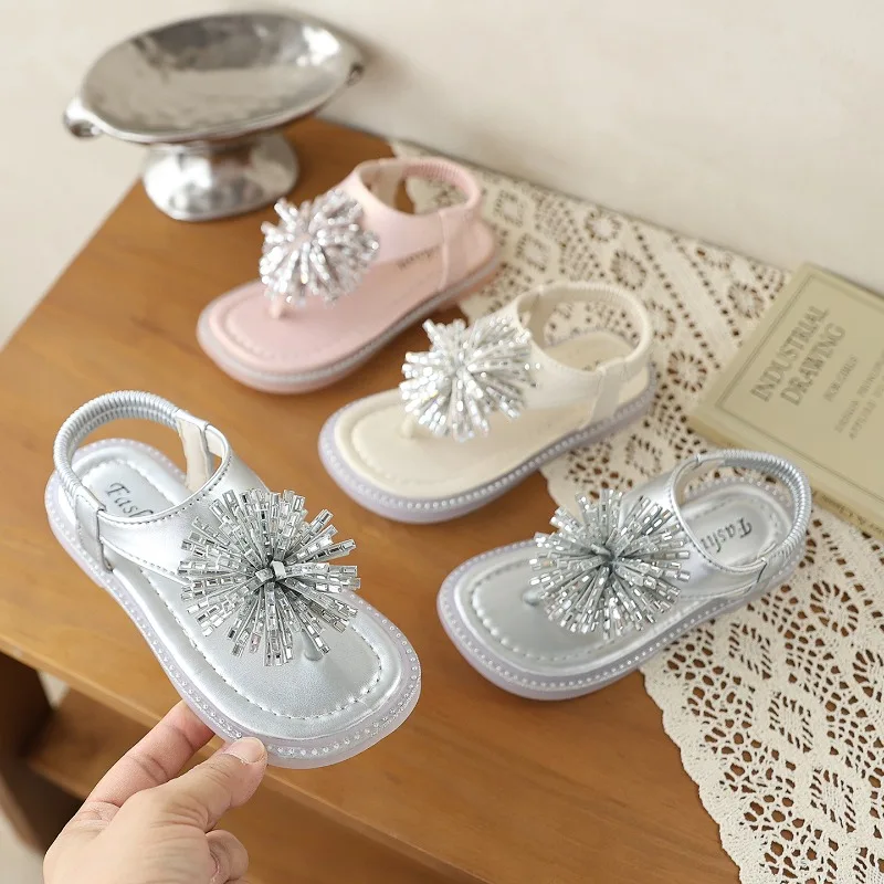 Girls Summer Rhinestone Sandals Chic Clip-toe Children Flat Sandals Causal Lightweight Kids Open-toe Beach Sandals Non-slip
