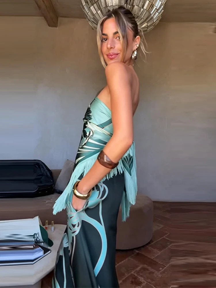 Bedruckte Quasten-Schnür-Oberteile und Hosen-Sets für Damen, sexy, trägerlos, ärmellos, rückenfrei, unregelmäßiger Saum, Oberteile, weite Hosen, schicke Outfits – Detail 5