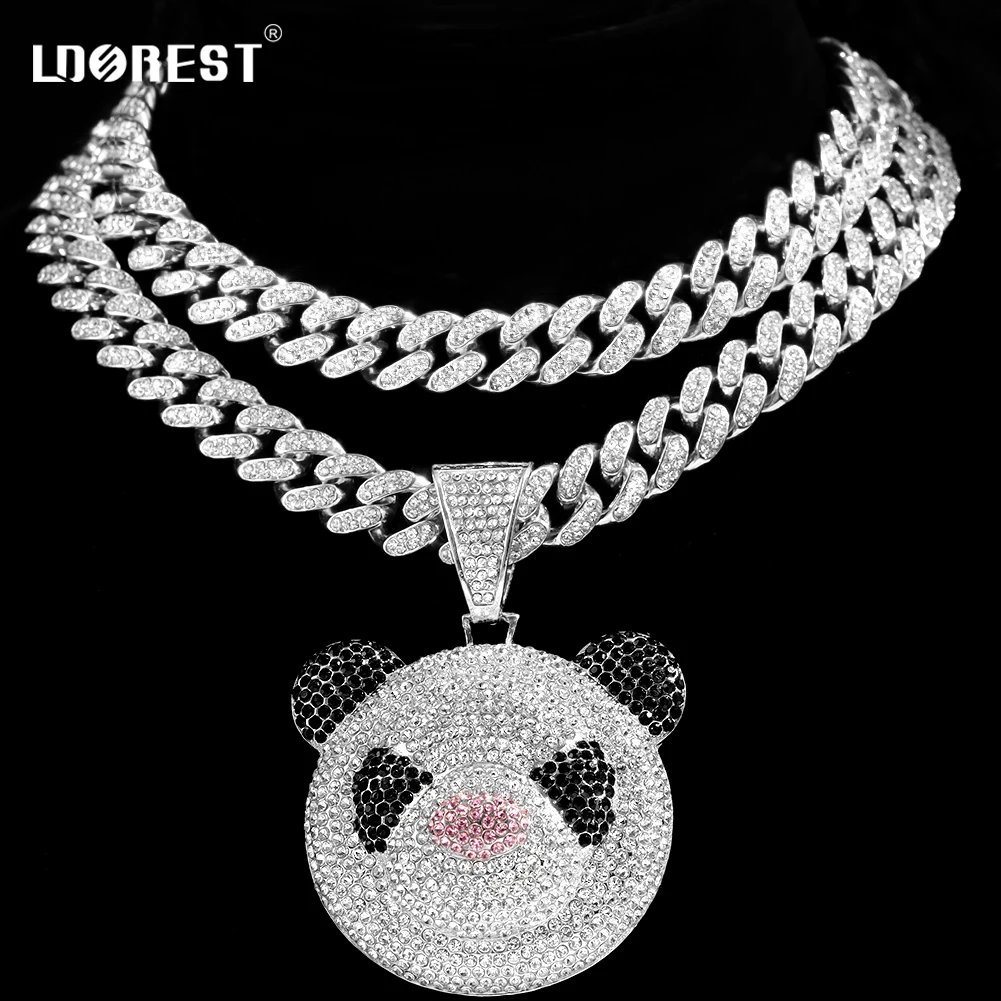 

Men Women Iced Out Panda Pendant Necklace With 13mm Miami Cuban Link Chain Men's Necklaces Choker Collar Hip Hop Party Jewelry