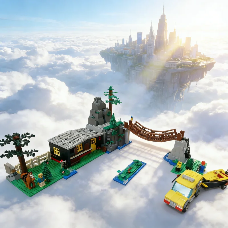 

1331 деталей MOC City Road Rocky River Retreat Remake, конструктор, развивающая игрушка, подарок на Рождество, кирпичики