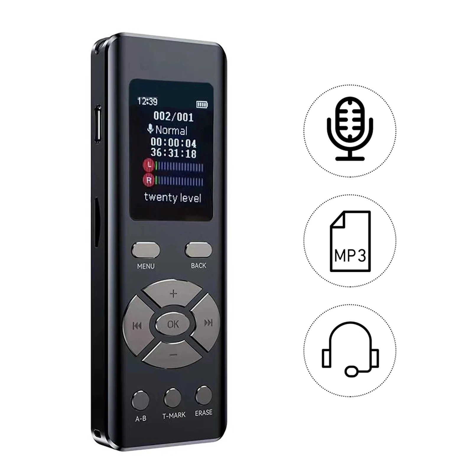 Digital Voice Recorder with Microphone High-fidelity A-B Loop Playback MP3 2-Channel Stereo Recording Audio Recorder 32GB 64GB