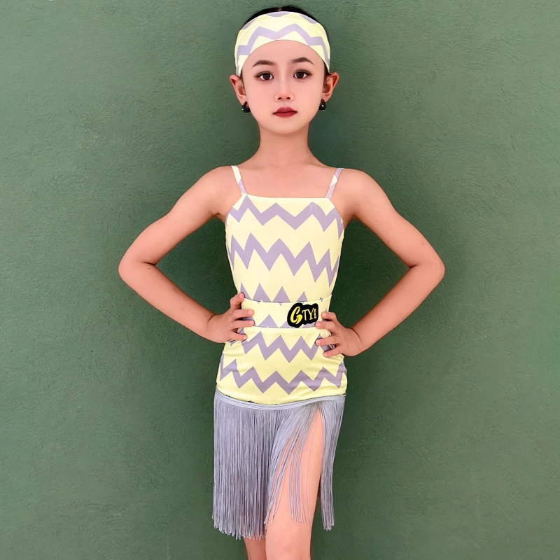 Costumi di danza latina con stampa leopardata blu per bambini, patchwork sexy, Cha Cha Tango, stile classico, 1 set per lotto