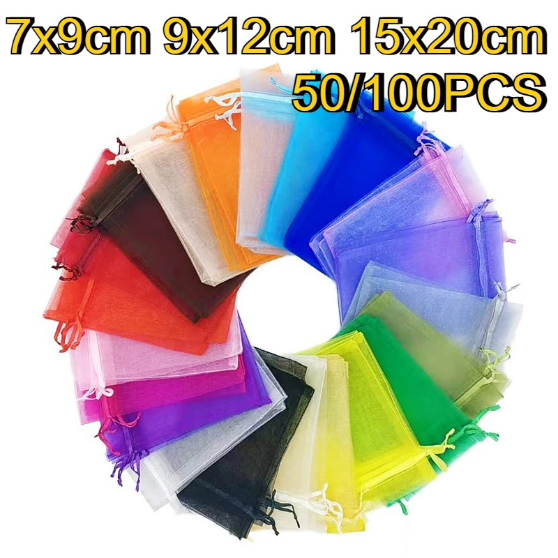 Bolsa de malla con cordón de Color sólido, bolsa de embalaje de joyería transparente, embalaje de regalo para fiesta de boda y San Valentín, 50/100 Uds.