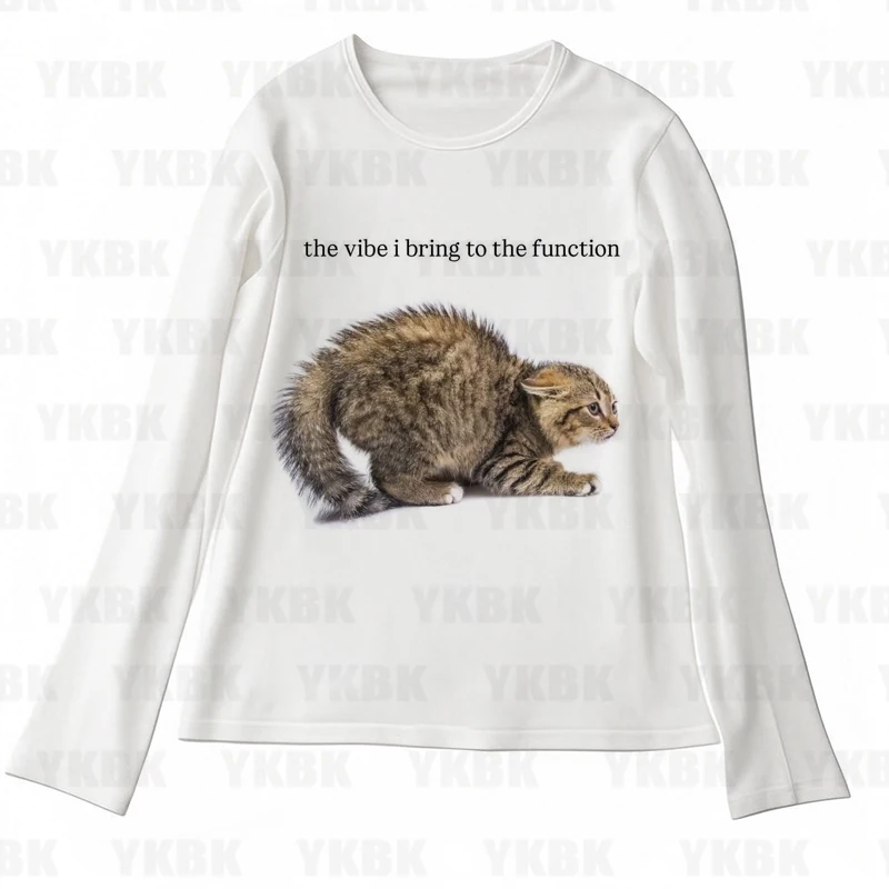 

Fashion Casual Girl Y2K Print Cat Kitty Cute Goth Woman Clothes Women Harajuku Street Long Sleeves Shirt Femme Slim T-shirt