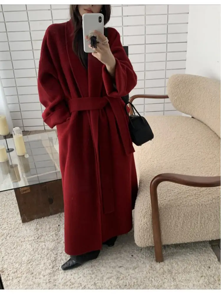 

Lady's New Year Red Woolen Cashmare Long Jackets 2025 Autumn And Winter Barthrobe Style Loose Lace-Up X-Long Women's Wool Coats