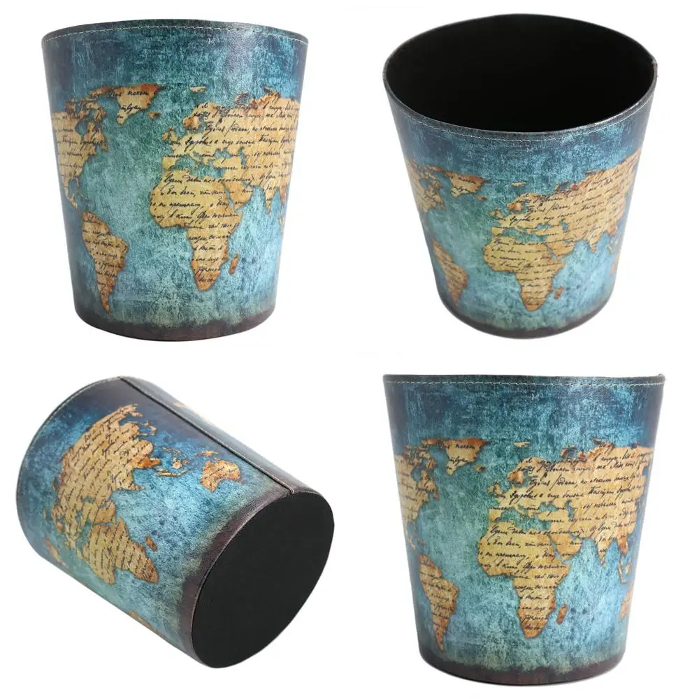 

European Vintage Style Round Leather Wastebasket for Home and Office, World Map Design, No Lid