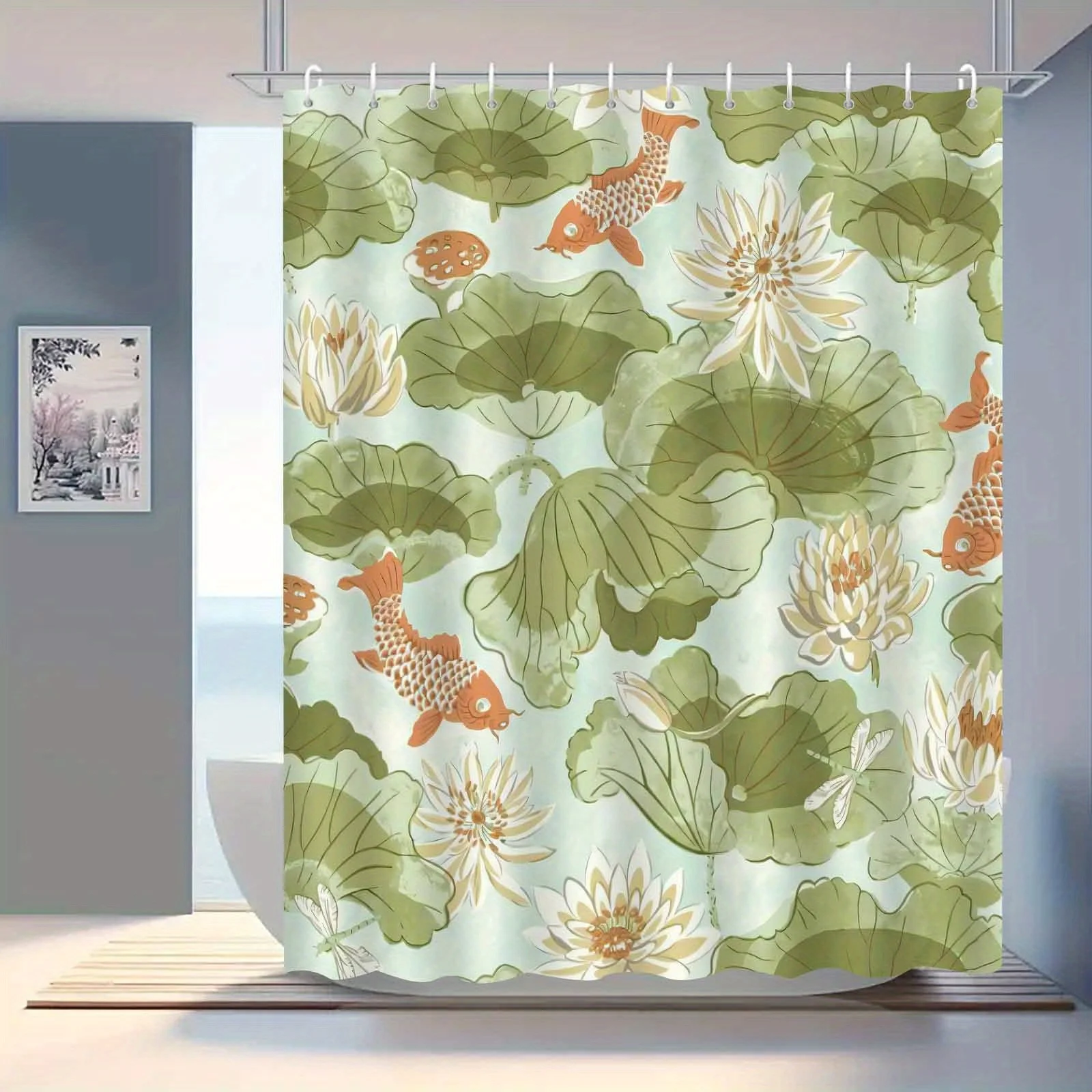 1pc for Lotus Pond Moonlight Classical Ancient Style for Lotus Koi Goldfish Shower Curtain, High End Elegant Bathroom Curtain, B