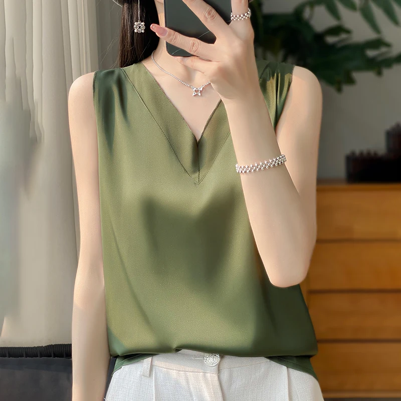 2024 Faux Silk Thin Short Sleeve Tees All-Match Basic T-Shirt Slip Woman Summer Clothes Elegant Tops Solid Loose Casual Fashion